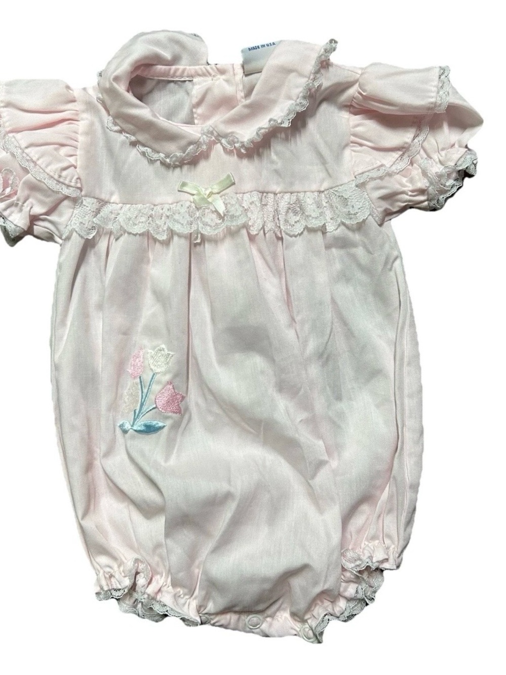 Vintage Baby Girl Pink Bubble Romper Tulips Peter Pan Collar Size 0-6 Months